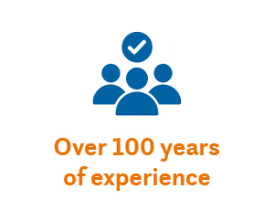 USP: Over 100 years of experience Group icon with tick and text ‘Over 100 years of experience’