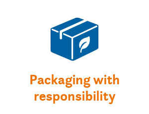 USP: Packaging with responsibility Package icon with leaf symbol and text “Packaging with responsibility”