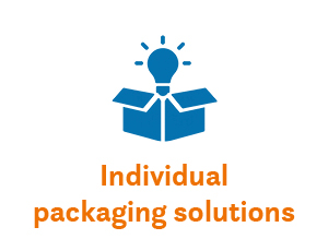 USP: Individual packaging solutions Cardboard box icon with light bulb and text ‘Individual packaging solutions’